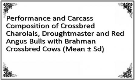 Performance and Carcass Composition of Crossbred Charolais, Droughtmaster and Red Angus Bulls with Brahman Crossbred Cows (Mean ± Sd)