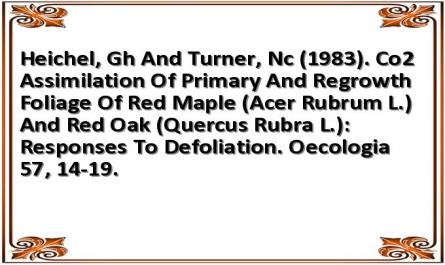 Heichel, Gh And Turner, Nc (1983). Co2 Assimilation Of Primary And Regrowth Foliage Of Red Maple (Acer Rubrum L.) And Red Oak (Quercus Rubra L.): Responses To Defoliation. Oecologia 57, 14-19.