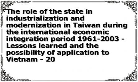 The role of the state in industrialization and modernization in Taiwan during the international economic integration period 1961-2003 - Lessons learned and the possibility of application to Vietnam - 20