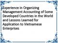 Experience in Organizing Management Accounting of Some Developed Countries in the World and Lessons Learned for Application to Vietnamese Enterprises