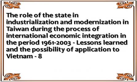 The role of the state in industrialization and modernization in Taiwan during the process of international economic integration in the period 1961-2003 - Lessons learned and the possibility of application to Vietnam - 8