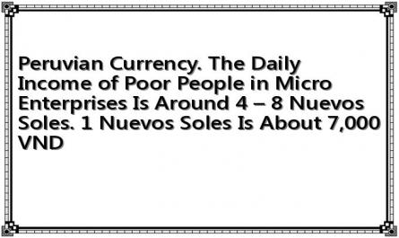 Peruvian Currency. The Daily Income of Poor People in Micro Enterprises Is Around 4 – 8 Nuevos Soles. 1 Nuevos Soles Is About 7,000 VND