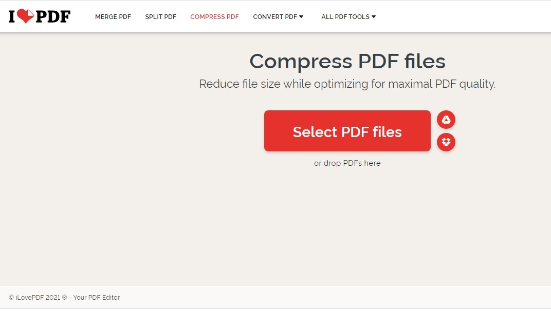 Truy cập ilovepdf.com và nhấn Compress PDF. Trên trang tiếp theo, chạm vào Select PDF 1