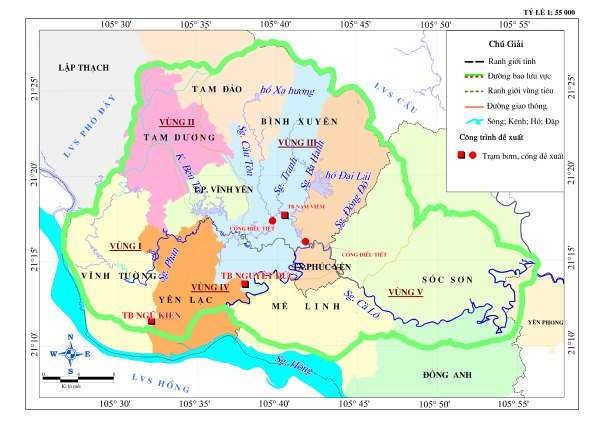 Hình 3 29 Sơ đồ vị trí hai trạm bơm và các cống điều tiết trong phương án 4 6