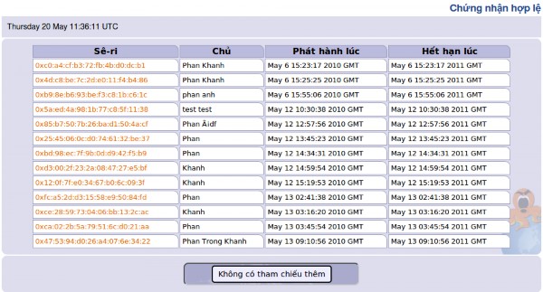 Hình 12 Danh sách chứng nhận Nếu không nhớ số sê ri có thể tìm trong danh sách 7