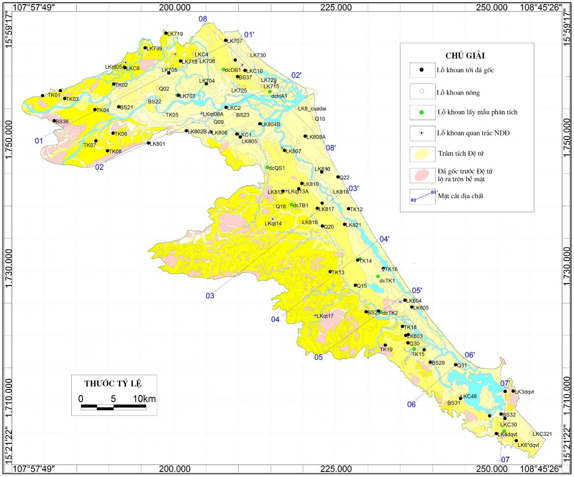 Hình 2 4 Sơ đồ vị trí các tuyến mặt cắt nghiên cứu địa chất Đệ tứ 4