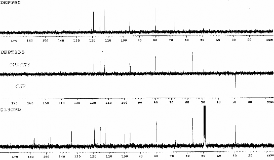 Hình 3 21 Phổ 13 C NMR và phổ DEPT MeOD của chất 76 LHRm2 3 1 2 4 Chất 77 1