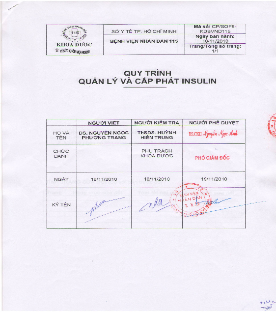 KHOA DÖÔÏC SỞ Y TẾ TP HỒ CHÍ MINH Mã số CP SOP8 KDBVND115 BỆNH VIỆN NHÂN DÂN 1