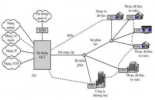 Hình 2 2 Mô hình mạng quang thụ động PON Cấu trúc mạng PON cơ bản gồm các 4
