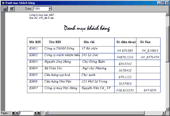 Báo cáo in tất cả khách hàng 4 Form Danh mục hàng hoá Form Danh mục hàng hoá 2