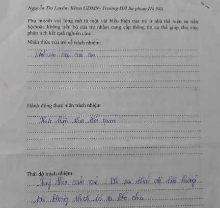 Nhận xét của PH cháu TBT MN05 Biên bản phỏng vấn trẻ trước thực nghiệm Mã 3