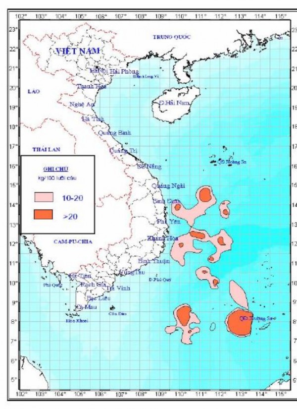 Hình 1 6 Bản đồ phân bố ngư trường cá ngừ đại dương vụ cá Nam năm 2