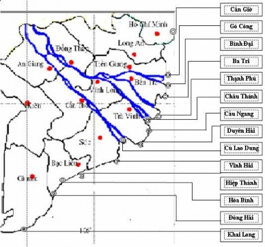 Hình 2 4 Bản đồ vị trí các huyện có nuôi nghêu trong vùng nghiên cứu Trương 1