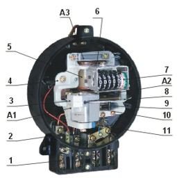 1 Ổ đấu dây 2 Đế 3 Nam châm hãm 4 Khung 5 Phần tử điện áp 6 Gối đỡ 1
