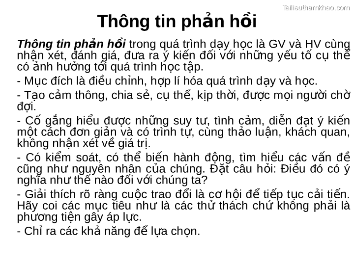 Thông Tin Phản Hồi Thông Tin Phản Hồi Trong Quá Trình Dạy Học Là Gv