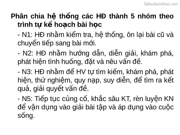 Phân Chia Hệ Thống Các Hđ Thành 5 Nhóm Theo Trình Tự Kế Hoạch Bài