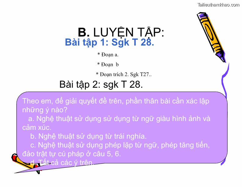 B Luyện Tập Bài Tập 1 Sgk T 28 Đoạn A Đoạn B Đoạn Trích 2 Sgk T27