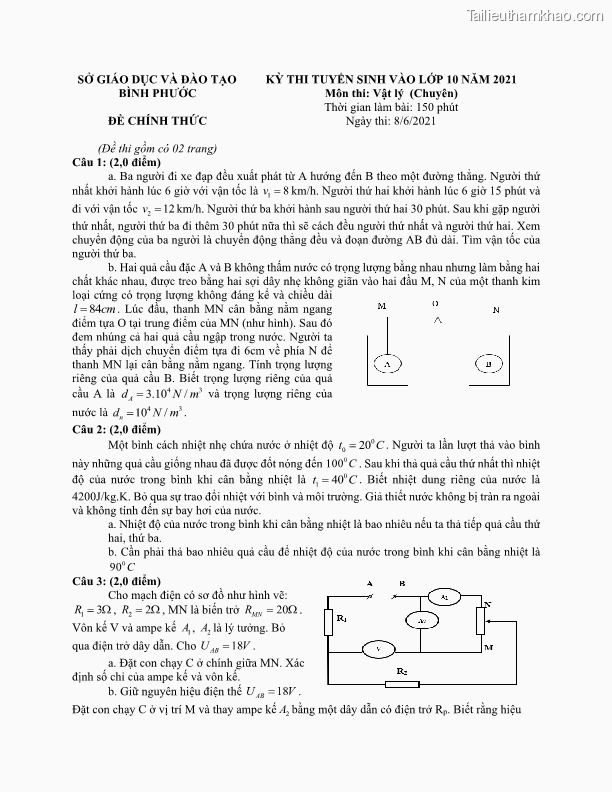 Sở Giáo Dục Và Đào Tạo Bình Phước Đề Chính Thức Đề Thi Gồm