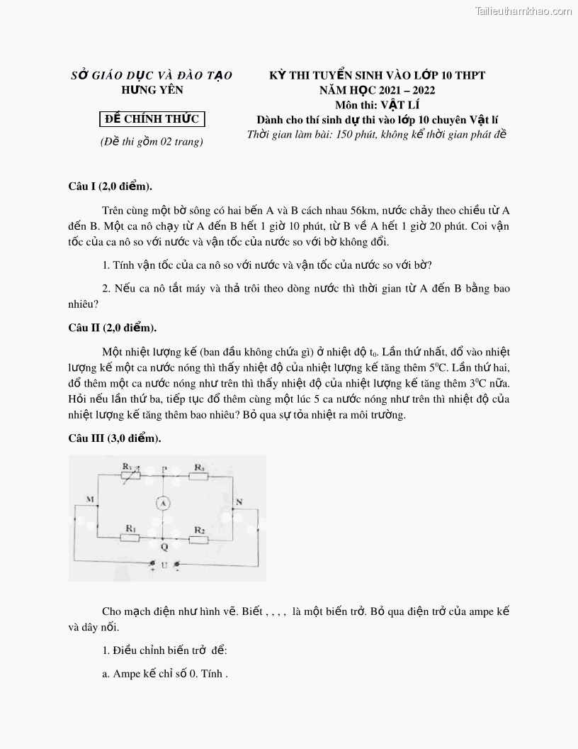 Sở Giáo Dục Và Đào Tạo Hưng Yên Đề Chính Thức Đề Thi Gồm 02