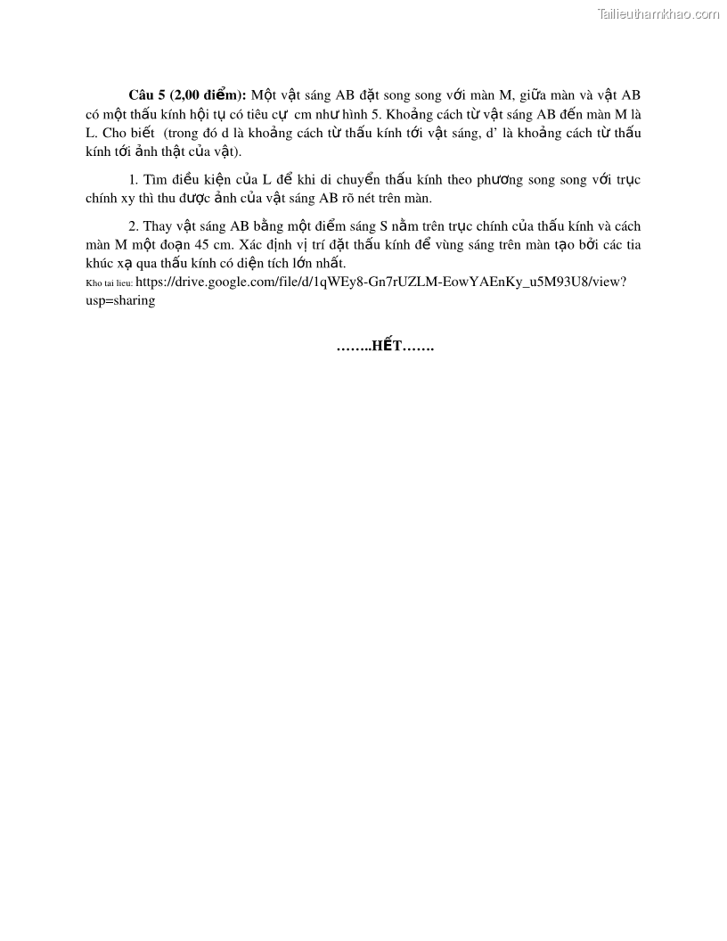 Câu 5 2 00 Điểm Một Vật Sáng Ab Đặt Song Song Với Màn M Giữa Màn