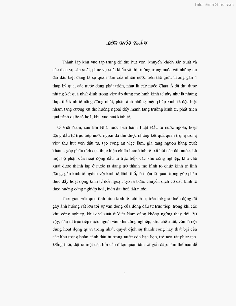 Khoa luan tot nghiep dau tu truc tiep nuoc ngoai vao khu cong nghiep khu che xuat thuc trang va giai phap trang 1