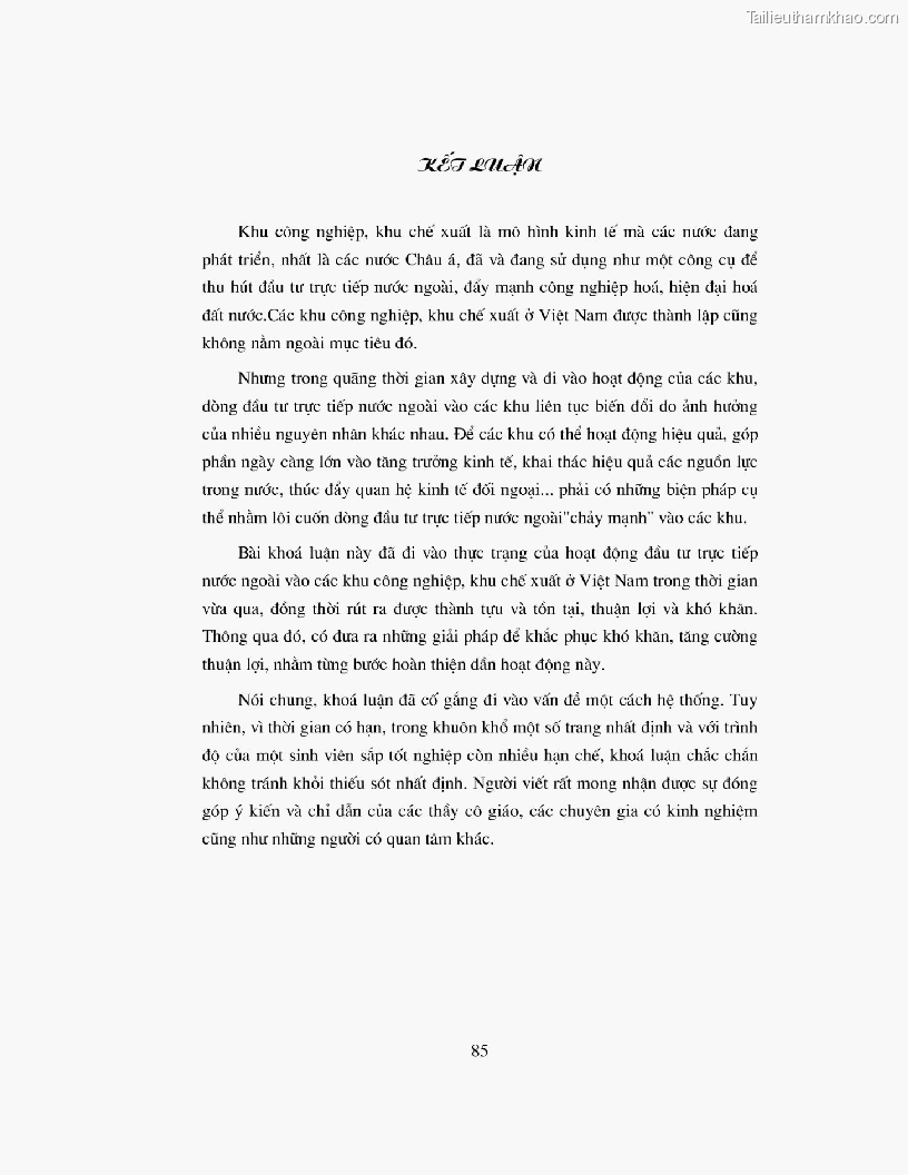 Khoa luan tot nghiep dau tu truc tiep nuoc ngoai vao khu cong nghiep khu che xuat thuc trang va giai phap trang 85