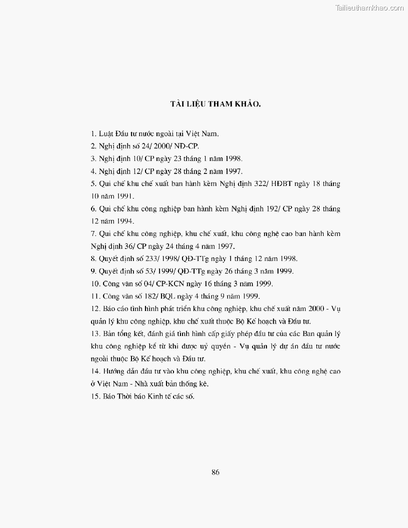 Khoa luan tot nghiep dau tu truc tiep nuoc ngoai vao khu cong nghiep khu che xuat thuc trang va giai phap trang 86