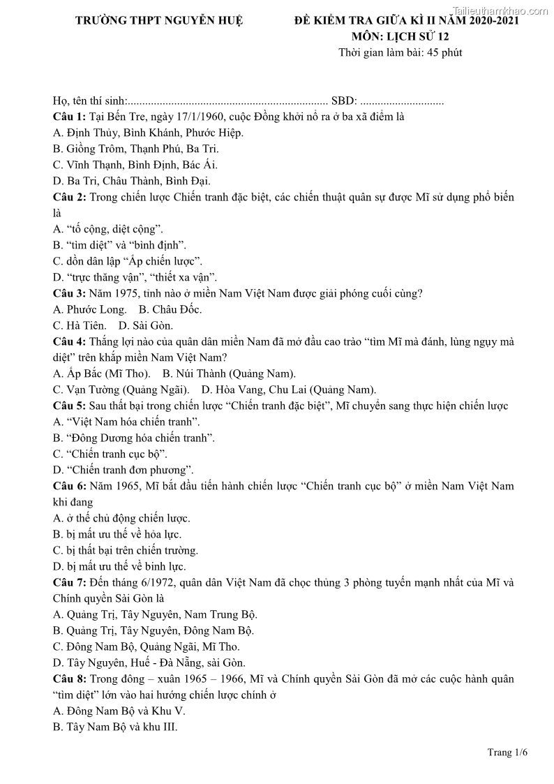 De thi giua hoc ki 2 mon lich su lop 12 nam 2020 2021 co dap an truong thpt nguyen hue trang 1