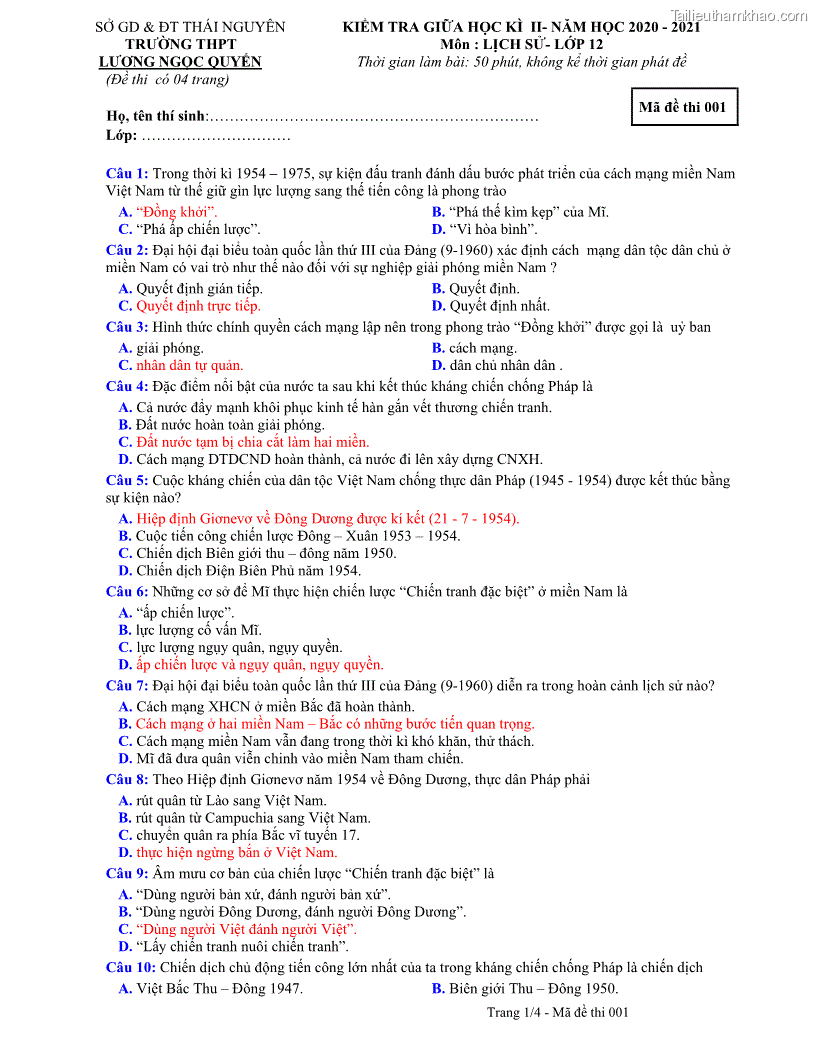 Sở Gd Amp Đt Thái Nguyên Trường Thpt Lương Ngọc Quyến Đề Thi Có 04
