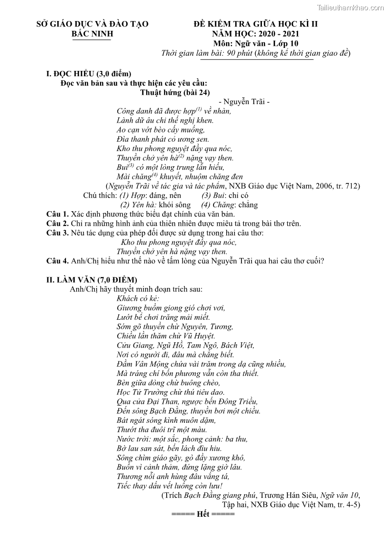 De thi giua hoc ki 2 mon ngu van lop 10 nam 2020 2021 co dap an so gd dt bac ninh trang 1
