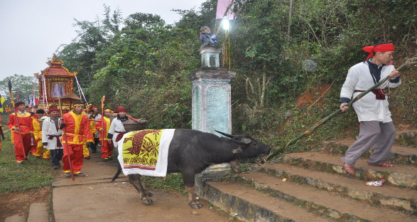 Hình 2 Đoàn rước đưa trâu đi lên đền chín gian thuộc bản Piêng Chào xã 2