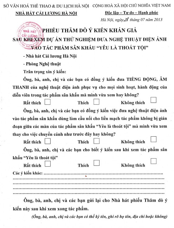 Phiếu đóng góp ý kiến Nhà hát Chèo Việt Nam Nguồn Phòng Tổ chức biểu 1