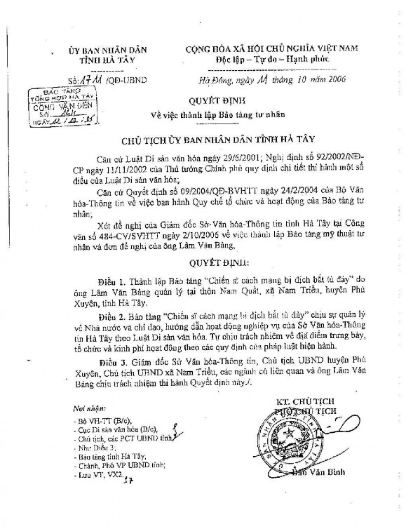 4 1 Quyết định thành lập Bảo tàng Chiến sĩ cách mạng bị địch bắt tù đày 4