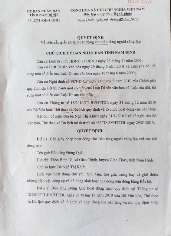 4 3 Quyết định thành lập Bảo tàng Đồng Quê 7