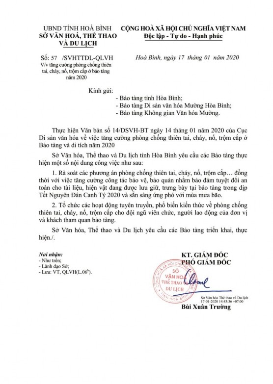 4 13 Công văn của Sở VH TT DL Hoà Bình gửi Bảo tàng Không gian văn hoá Mường 1