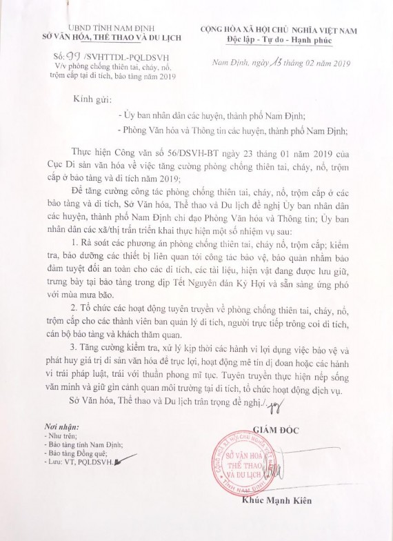 4 15 Công văn của Sở VH TT DL Nam Định gửi Bảo tàng Đồng Quê về phòng 8