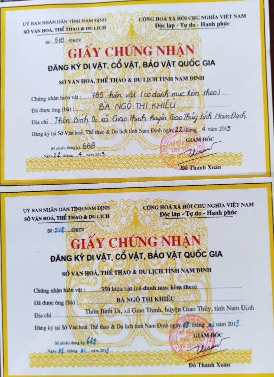 5 4 Giấy chứng nhận đăng ký di vật cổ vật bảo vật quốc gia năm 2013 của 3