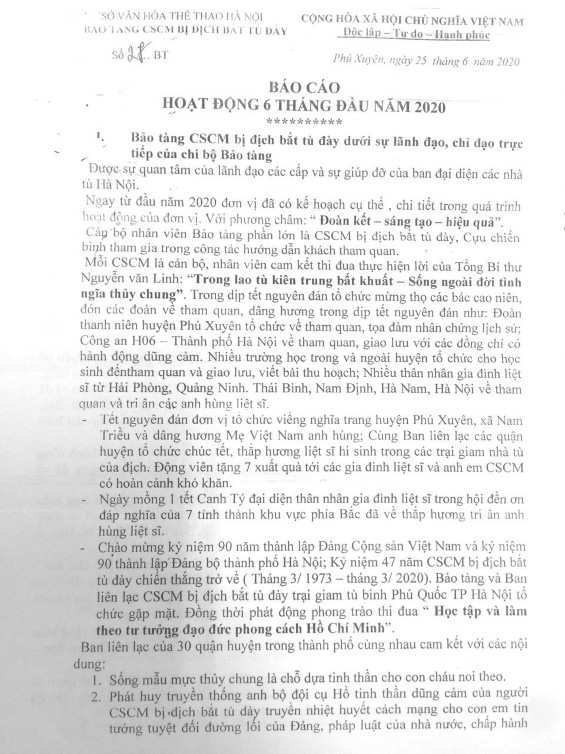 5 6 Báo cáo hoạt động 6 tháng đầu năm 2020 của Bảo tàng Chiến sĩ cách mạng 6