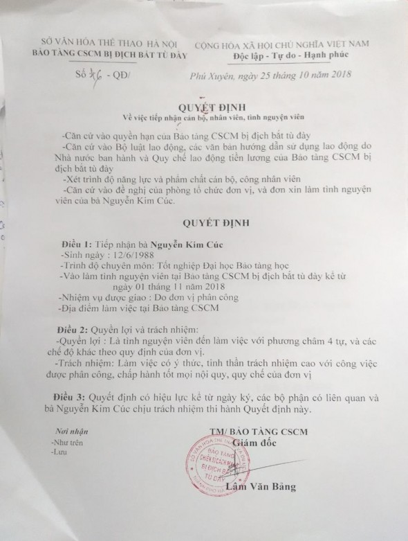 5 7 Quyết định tiếp nhận cán bộ về công tác tại Bảo tàng Chiến sĩ cách 3