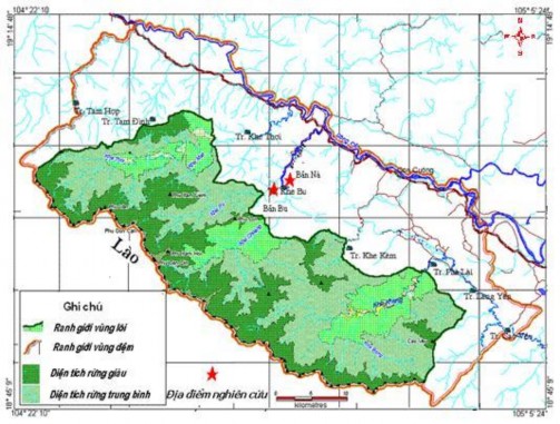 Hình 3 1 Bản đồ VQG Pù Mát vùng lòi và vùng đệm và 2 bản nghiên cứu 1