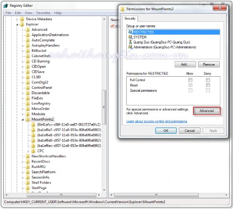 5. Cửa sổ Pemission for 2 class= lazyload > Advanced 6. Tại cửa sổ thiết lập 2 class= 2