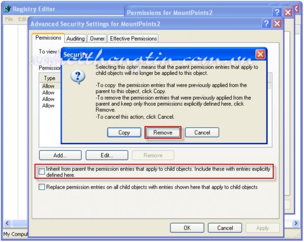 Win XP Bỏ chọn tính năng Inherit from parent the pemission entries that apply to child 4