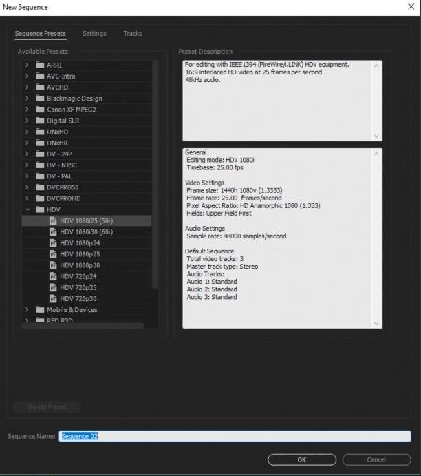 Trong thẻ Sequence Presets lựa chọn một Sequence được thiết lập trước trong 3