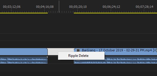Chọn Ripple Delete thì khoảng trống sẽ mất tất cả những clips phía sau bên 1