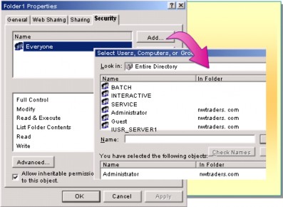 Hình 2 104 Gán các quyền NTFS cho các user Trên tab Security của hộp Properties của 5