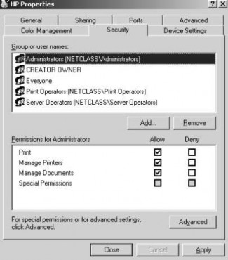 Hihhf 3 15 Tab Security trong hộp thoại Properties của máy in Bảng phân quyền in ấn 9