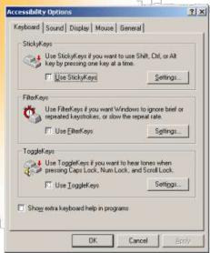 Hình 1 62 Hộp thoại Accessbility Options Công cụ Chức năng StickyKeys Cho phép bấm 2
