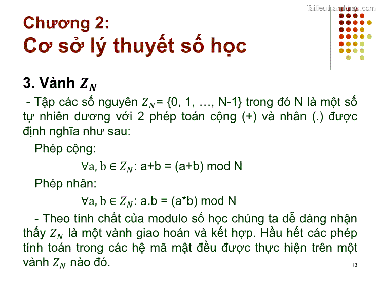 3 Vành 𝒁𝑵 Tập Các Số Nguyên 𝑍𝑁 0 1 … N 1 Trong Đó N Là Một