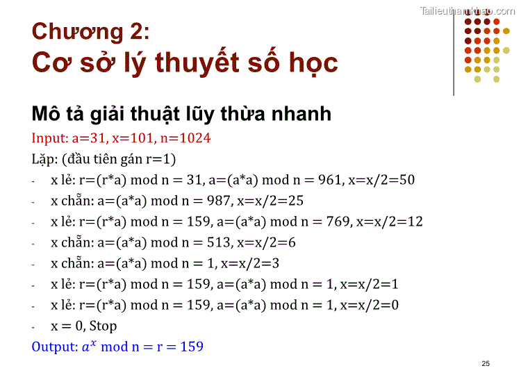 Mô Tả Giải Thuật Lũy Thừa Nhanh Input A 31 X 101 N 1024 Lặp Đầu Tiên