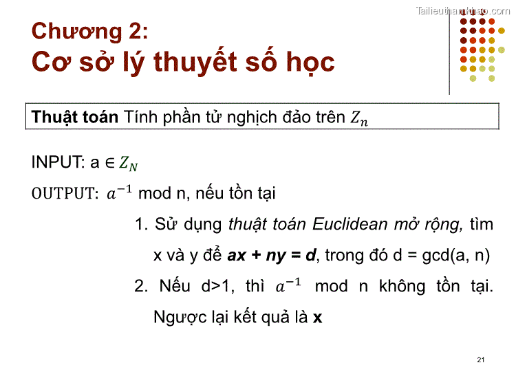 Thuật Toán Tính Phần Tử Nghịch Đảo Trên 𝑍𝑛 Input A ∈ 𝑍𝑁
